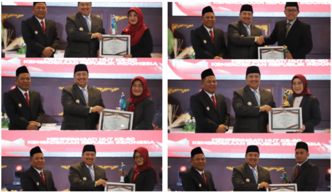 
					Bupati Jombang sereahkan penghargaan kepada enam ASN berprestasi, dalam rangkaian peringatan HUT ke-80 Proklamasi RI di pendopo pemkab Jombang, Minggu 17 Agustus 2025. Foto: Diskominfo Jombang 