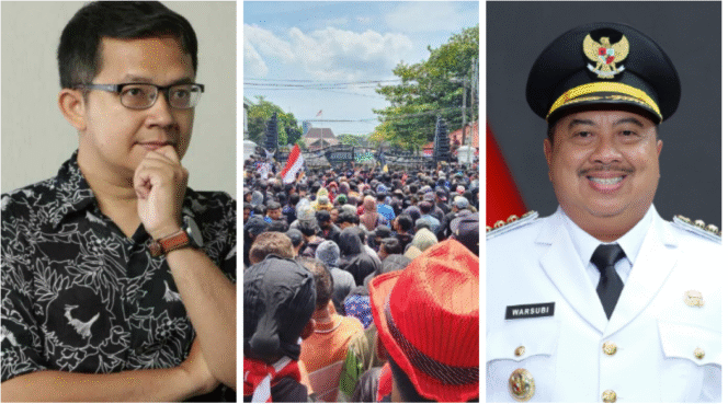 
					(Kiri) Dosen GUM dan pengamat Agung Baskoro, (Tengah) Gerakan massa di Pati, (Kiri) H Warsubi, Bupati Jombang. Foto: Kolase 