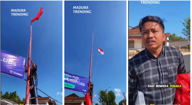 
					Moch Rofiq, pemuda warga Sumenep, madura, melakukan aksi penurunan bendera PDI-P, kemudian diganti dengan bendera Merah Putih, dilakukan  Kamis 14 Agustus 2025. Foto: kolase 