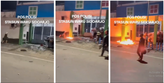 
					Tampak seorang pemuda mengenakan helm menyiramkan bahan bakar, lalu menyulut poos polsek Waru, Sidoarjo, pada saat itu sekitar 10 personel polisi mengenakan tameng tak kuasa menahan aksi massa, Jumat dini hari. Foto: tangkap layar video TikTok@factualnews