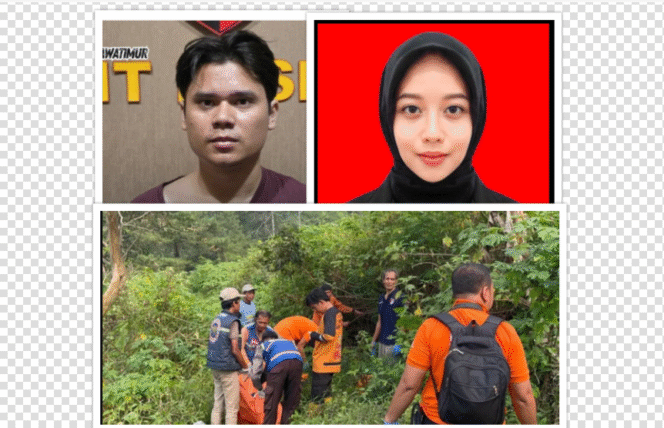 
					(Kiri) Tersangka Alvi Maulana, 24, mahasiswa PTS di Bangkalan, Madura, asal Labuhan Batu, Sumataera Utara. (Kanan) Tiara Anjelina Saraswati, satu kampus dengan tersangka, warga Made, Lamongan. (Bawah) Saat petugas kepolisian melakukan pencarian ceceran tubuh korban di kawasan Pacet, Mojokerto, Sabtu 6 September 2025. Foto: Kolase
