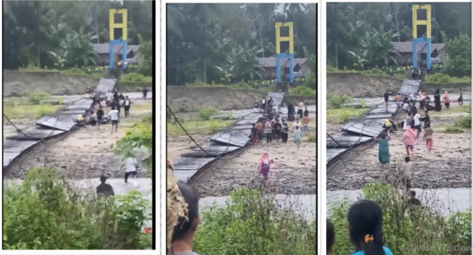 
					Jembatan gantung yang membentang di atas sungai 11 X 4 meter putus, akibat dilintasi rombongan pengantin. Insiden ini terjadi di Lokasi di Dusun Penyapu, Desa Galumpang, Kecamatan Dakopemean, Kabupaten Tolitoli, Sulawesi Tengah, Minggu sore, 7 September 2025. Foto: Kolase Instagram@info_newsantara
