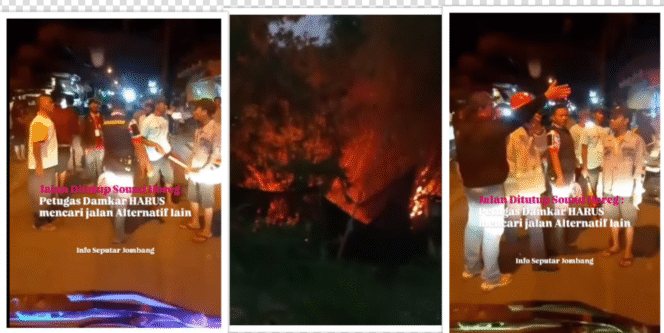 
					Petugas pemadam kebakaran tidak bisa lewat, karena sedang ada acara keramain termasuk menggunakan sound horek, sehingga harus mencari jalur altitid menuju ke lokasi kebakaran kebun Gedangan di dusun Ngudirejo, kecamatan Diwek, Jombang. Sabtu malam 6 September 2025. Foto: tangkap layar video 