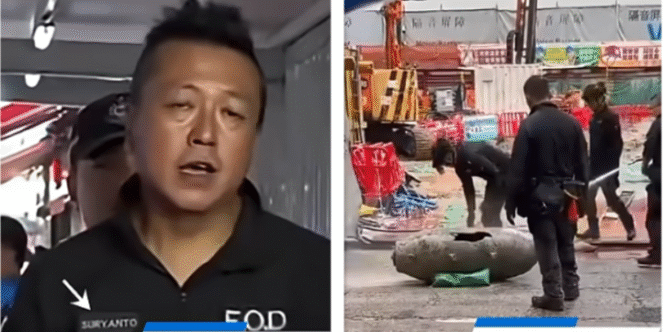 
					Suryanto Chin-chiu. Suryanto adalah Senior Bomb Disposal Officer di Kepolisian Hong Kong, dengan pengalaman sekitar 10 tahun. Bom seberat sekitar 453-454 kg (sekitar 1.000 pon) ditemukan di lokasi konstruksi Jalan Pan Hoi.  Foto: kolase/ konteks.co.id