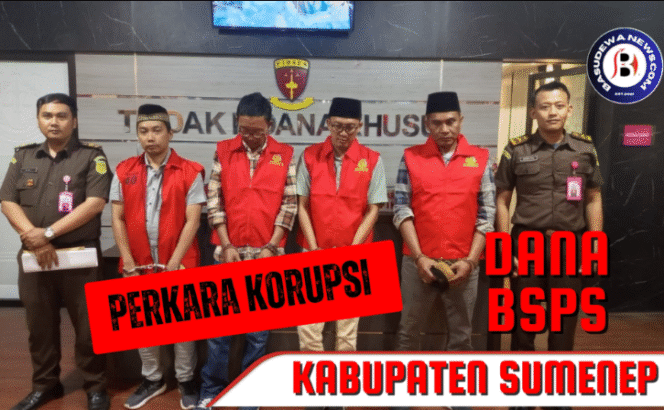 
					Kejaksaan Tinggi Jatim langsung melakukan penahanan terhadap empat tersangka koruptor dana  Bantuan Stimulan Perumahan Swadaya (BSPS) di Kabupaten Sumenep, senilai Rp 26.3 miliar, Selasa 14 Oktober 2026.  Foto: basudewanews.com
