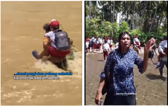 
					Beginilah suasana harian puluhan anak-anak pelajar sekolah di Maluku Utara, mereka harus menyeberangi sungai agar bisa mengikuti pelajara sekolah. Saat mujsim hujan seperti ini, mereka harus rela berjam-jam untuk menunggu air surut agar bisa menyereberangi sungai. Foto: Instagram@hitamputih_daily