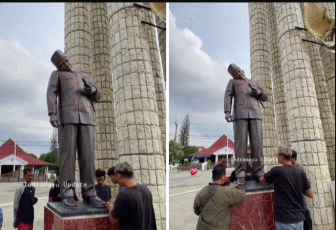 
					Saat ini patung perunggu Bung Kanro sedang dipindahkan untuk diperbaiki, pasca kepalamnya bengko akibta tertimpa tenda untuk upacara  P3K di Indramayu, Jawa Barat, yang tertiup angin kencang, menyebabkan leher dan kepala pantung ini bengkok, Kamis pekan lalu 13 November 2025. Foto: Instgaram@indramayu_update