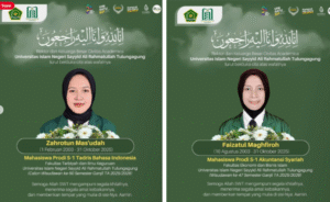 Duka cita, ucapan bela sungkawa dari UIN SATU Tulungagung kepada keluarga Korban kecelakaan yang berboncengan menggunakan Honda Vario bernopol S 2192 QF masing-masing Faizatur Magfiroh (22 tahun) dan Zahrotun Masudah (22 tahun), keduanya warga Desa Sumberjo, Megaluh, Jombang. Foto: UIN SATU