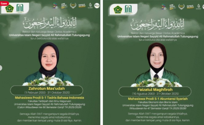 
					Duka cita, ucapan bela sungkawa dari UIN SATU Tulungagung kepada keluarga Korban kecelakaan yang berboncengan menggunakan Honda Vario bernopol S 2192 QF masing-masing Faizatur Magfiroh (22 tahun) dan Zahrotun Masudah (22 tahun), keduanya warga Desa Sumberjo, Megaluh, Jombang. Foto: UIN SATU