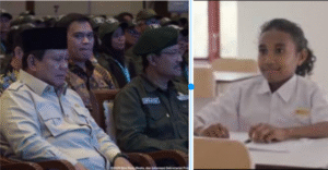 (Kiri) Presiden Prabowo Subianto tapak tercenung mendengarkan curahan hati Sofia, (Kanan), pelajar putri Sekaolah Rakyat 19 Evata Kupang, yang sangat menyetuh hati,  dalam acara pembekalan guiru nasional Sekolah rakyat di Jakarta. Foto: Kolase Istimewa