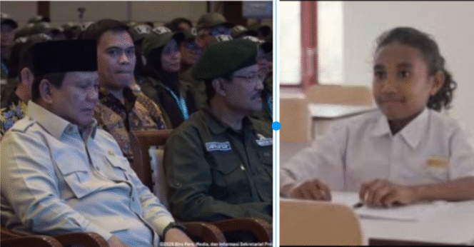 
					(Kiri) Presiden Prabowo Subianto tapak tercenung mendengarkan curahan hati Sofia, (Kanan), pelajar putri Sekaolah Rakyat 19 Evata Kupang, yang sangat menyetuh hati,  dalam acara pembekalan guiru nasional Sekolah rakyat di Jakarta. Foto: Kolase Istimewa