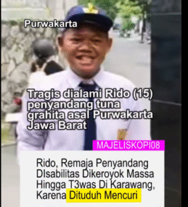 Selamat jalan Rido Pulanggar, 15, remaja penyadang disabilitas tunagrahita ini akhirnya meninggal dunia di RSUD Purwakarat, karena penganiayaa dilakukan warga Karawan, 5 November 2025 lalu, dituduh mencuri. Foto: Instagram@majeliskopi08