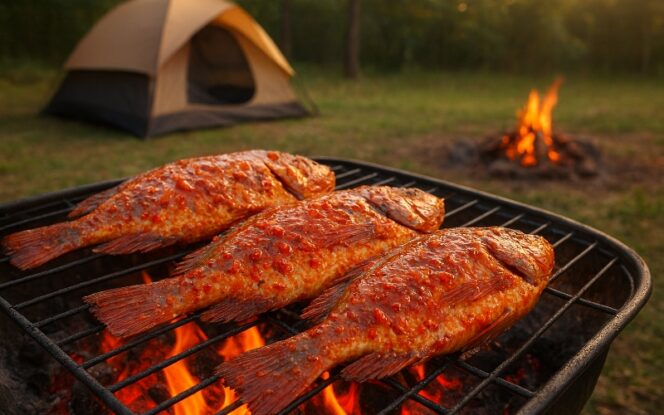 
					Ilustrasi suasana bumi perkemahan dengan kegiatan membuat ikan bakar. (copilot.AI)