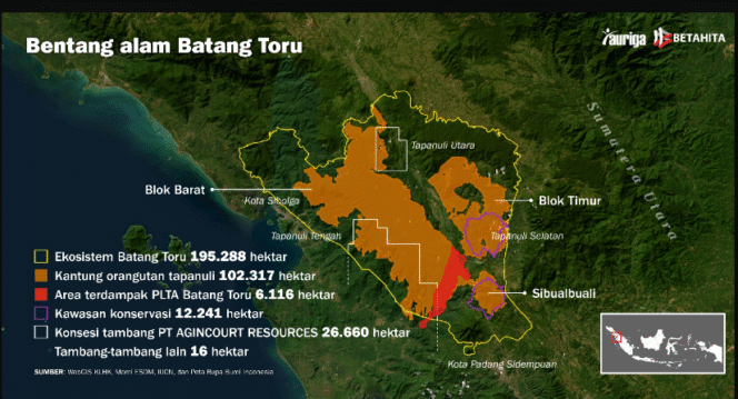 
					Inilah peta perusakan dan pembalakan besar-besarnya hutan di kawasan hulu Batang Toru, disitu pusat hutan lesatri yang kini sudah dibabat mencapai 75.000 hektar. Penggudulan hutan disitu menurut WALHI adalah penyebab utama terjadinya banjir bandang dan tanah longsor di wilayah Sumetara Utara. Foto: betahita