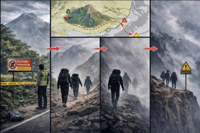 
					Tiga pendaki ilegal dari Pacitan—Rizky, Farhan, dan Aldo Oktawijaya (22)— memulai pendakian melalui jalur Kalitalang, Desa Balerante, Kecamatan Kemalang, Gunung Merapi, pada Sabtu, 20 Desember 2025, pukul 04.00 WIB, meski status gunung Siaga III. Jasad ditemukan 24 Desember 2025. Foto: borobudurnews.com