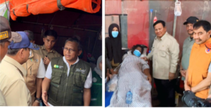 (Kiri) Dirut PT Pegadian Damar Latri Setiawan menyambut kedatangan Presiden Prabowo bersama rombongan ke Aceh Tamiang, serta meninjau Posko Kesehatan yang diririkan PT Pegadian di Kuala Simpang, Aceh Tamiang, Jumat, 12 Desember 2025. (Kanan) Presiden Prabowo juga mengejuk pasien-pasien yang mendapat perawatan di Posko Kesehatan Pegadaian. Foto: Kolase Dok/ PT Pegadaian