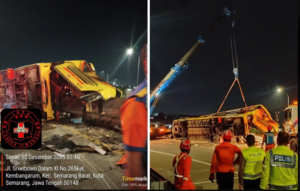 Kecelakaan tunggal PO Bus Cahaya Trans, jurusan Bogor-Yogyakarta, alamai kecelakaan tol Exit Krapyak Sematang, 03.30 dinihari, Senin 22 Desember 2025. Tewas 61 orang, luka-luka 18 orang. Foto: dok/Basarnas