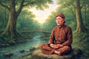 Ilustrasi sosok lelaki guru spiritual sedang meditasi di tempat sunyi. (Gambar AI. Co Pilot)