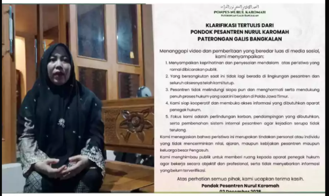 
					Dr. Mutmainnah, M.Si,Direktur Muslimah Humanis Indonesia (MHI) menyatakan terus mendampingi para korban pelecehan, agar mereka mendapat keadilan. (Kanan) Surat pernyataan resmi dari pihak Pondok Pesantrean Nurul Kotimah, Bangkalan, terkait kasus cabul dan pelecehan terhadap 15 santriwatinya.  Foto: Instagram@bangkalanterkini