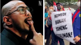 Pandji Pragiwaksono mendapat respon aksi di depan kantor Komdigi di jakarta, Rabu 7 Januari 2026. Pasca penayangan Stand Up Comedy, berjudu Mens Rea keliling 10 kota. Perkaranya adalah Pandji mewnyinggung soal tambang untuk NU dan Muhammadiyah. Foto: swarajombang.com/ kolase. instagram@pandji.pragiwaksono