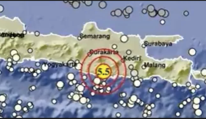 
					Peta gempa dari BMKG terjadi di kawasan Pacitan, jawa Timur,k berkekuatan magnetudo 5.5, terjadi 08.20, Selasa 27 Januari 2026. Foto: BMKG