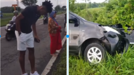 Pemain Madura United, Jorge Mendonca, 30, alami kecelakaan di jalur masuk jembatan Suramadu, Sabtu pagi, 10 Januari 2026. (Kiri) Jorge tampak mengelami sedikit benturan di kakinya, (Kanan) Mobil yang dikendarai ringksek bagian depan. Foto: kolase/ tangkap layar video Instagram@madura25jam
