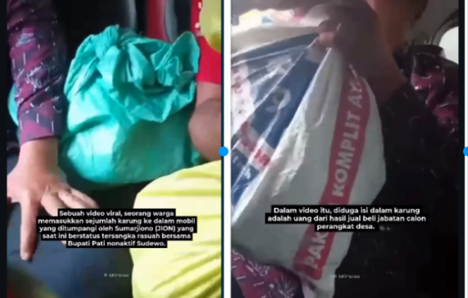 
					Hasil scereenshot video berdurasi sekitar 20 detik, tampak ada tiga karung warna hijau kuning dan putih, dibawa di mobil seorang tersangka dijadikan barang bukti OTT KPK di Pati. Foto: Liputan6