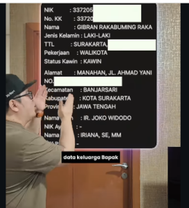 Dalam tayanan video di akun instagram@realmrbert, 3 Januari 2026, menunjukkan copy-an data pribadi wakil presiden Gibran Rakabuming Raka, lengkap dengan KTP, BPJS, KK, alamat rumah, telepon, alamat email, serta data istri, anak dan, orang tuanya lengkap. Foto: Instagram@realmrbert