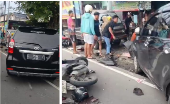 
					Kecelakaan maut terjadi di jalan Hasyim As'ary, Jombang, Sabtu sore, 25 Januari 2026. Sebuah Avanza menabrak enam mtoro, sati piup parkir. menyebabkan seorang korban meninggal dunia, enam korban lainnya diangkut ke rumah sakit. Foto: swarajombang.com/ kolase/ elok apriyanto