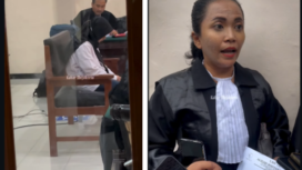 (kiri) Sidang lanjutan dakwaan atas rudapaksa perempuan penyuka sesama jenis di PN Mojokerto, Senin 19 Januari 2026. (Kanan) Pengacara Alizah Widyastuty, yang memimpin pembelaan kliennya. Foto: kolase/ Instagram@mojokerto.id