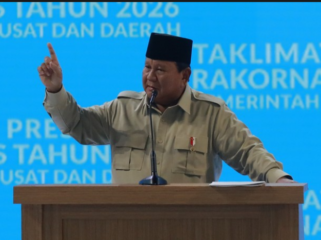 Presiden Prabowo Subianto berbicara di depan sekitar 4500, peserta Rakornnas yang diselenggarakan Kementerian Dalam Negeri dengan tema 