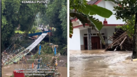 (Kiri)Jembatan gantung penghubung Dusun Darungan Lor dan Dusun Darungan Kidul, di Desa Jubung, Kecamatan Sukorambi, kembali putus akibat diterjang banjir luapan Sungai Bedadung, pada Kamis (12/2/2026) malam. (Kanan) Seorang perempuan bertahan di lantai atas rumahnya, saat sungai Bedadung meluber keras akibat hujan ekstrem selama dua haru, Kamis-Jumat 12-23 Februari 20-26. (Kanan)  Foto: Instagram@explorejember

