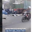 Tiga pelajar bonceng tiga, tewqas seketikam saat motor oleng hingga masuk kolong truk, terjadi di Paiton, Probolinggo, Selasa, 10 Februari 2026. Foto: Instagram@bolinggodotco