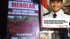 Poster warga masyarakat Sambeng menolak ada tambang sirtu. (Insert) Kades Rowiyanto yang hilang selama 65 hari, hingga saat ini belum diketahui rimbanya. Foto: ist