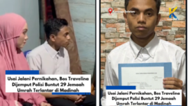 Polisi Kendari menjemput Ashabul Kahpi, 28, Direktur PT Travelina Indonesia, dijemput polisi usai pernikahan siri di Desa Sandey, Kecamatan Angata, Kabupaten Konawe Selatan, pada Minggu malam (15/2/2026). Penjemputan dilakukan setelah bos itu selesai melaksanakan upacara ijab kabul. Foto: Instagram@kendai.terkini