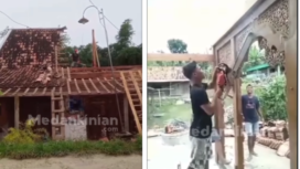 Mumadi sudah lama pisah ranjang dengan Siti, istrinya. Keluarga retal, menyebabkan Jumadi, marak. Ia memotong rumah limas miliknya menjadi dua bagian, terjadi di Desa Mlowokarang, Kecamatan Pulokulon, Kabupaten Grobogan, Jawa Tengah, pada hari Jumat (13/2/2026). Foto: Instagram@medan_kekinian