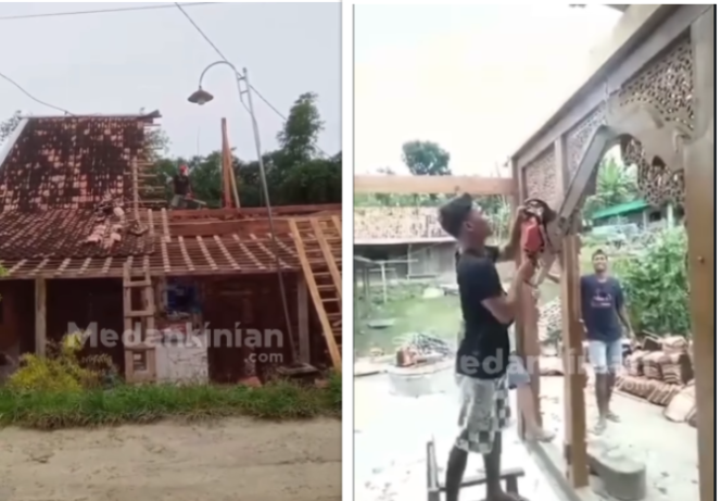 
					Mumadi sudah lama pisah ranjang dengan Siti, istrinya. Keluarga retal, menyebabkan Jumadi, marak. Ia memotong rumah limas miliknya menjadi dua bagian, terjadi di Desa Mlowokarang, Kecamatan Pulokulon, Kabupaten Grobogan, Jawa Tengah, pada hari Jumat (13/2/2026). Foto: Instagram@medan_kekinian 