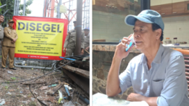 (Kiri) Permkab Jombang pernah melakukan penyegelan terhadap tower BTS yang bodong belum punya izin, Desember 2024, (Kanan) Wibisono, Penasihat Aliansi LSM Jombang. Foto: swarajombang.com. kolase