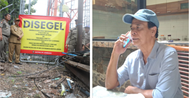 
					(Kiri) Permkab Jombang pernah melakukan penyegelan terhadap tower BTS yang bodong belum punya izin, Desember 2024, (Kanan) Wibisono, Penasihat Aliansi LSM Jombang. Foto: swarajombang.com. kolase
