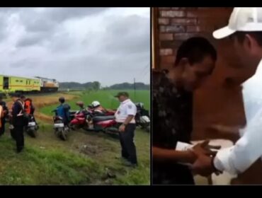 (Kiri) Kecelakaan antara truk tangki air yang disopiri Abdi lawan KA di Cirebon. (Kaban) KDM selipkan santunan Rp5 juta kepada Abdi, juga siap bantu bayari denda Rp400 juta. Foto: ist/instgagram@dedimulyadi71