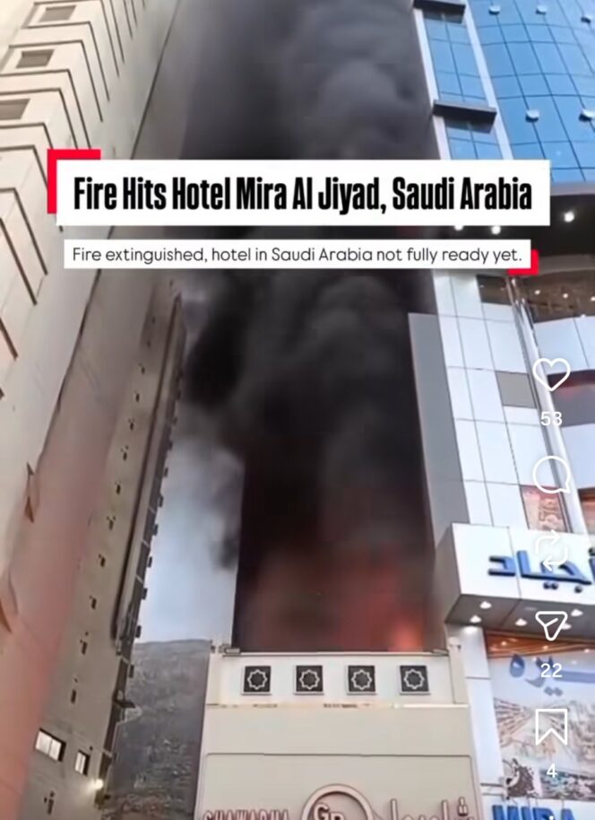 
					Hotel Mira Ajyid, terbakar, Kanis sire waktu setempat. Lokasibya hanya 300 m dari Masjidil Haram, tempat nenginap favorit  jamaah Indonesia. Tidak ada korban dalam insiden ini. Foto: Instagram@unscripted-artis