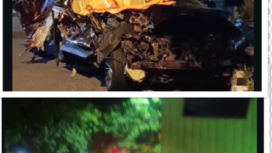 (Atas) Kondisi mobil Honda Cicic hancur, setelah menabarak sebuah truk Fuso yang sedang melakukan menuver bali arah, di deopan kantor BPJS Jalan Raya Juanda, Kamis dini hari, 26 Maret 2026. Foto: Instagram@tentang_sidoarjo