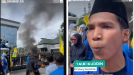 OMII Samarinda telah melaksnaakan anksi unjuk rasa ke kangtor Gubernur Kaltim, mengajukan 10 tuntutan kepada Gubernur Rudi masud, namun gubernur tidak muncul di alam aksi hari Kamis 9 April 2026. (Kiri) Aksi massa pelajar dan mahasiswa (PMII). (Kanan) Kolapr aksi massa PMII, Taufikuddin. Foto: Instagram@selasarmedia