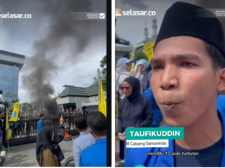 OMII Samarinda telah melaksnaakan anksi unjuk rasa ke kangtor Gubernur Kaltim, mengajukan 10 tuntutan kepada Gubernur Rudi masud, namun gubernur tidak muncul di alam aksi hari Kamis 9 April 2026. (Kiri) Aksi massa pelajar dan mahasiswa (PMII). (Kanan) Kolapr aksi massa PMII, Taufikuddin. Foto: Instagram@selasarmedia