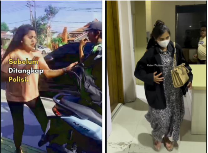 
					Inge Marita cecok di jalanan karena persoalan berlalu lintas. Tetapi Inge melakukan pemukulan dua pada bocah yang dibonceng Lutvia, serta merempas kunci motor. Foto: kolase Instagram@kabarmojokerto