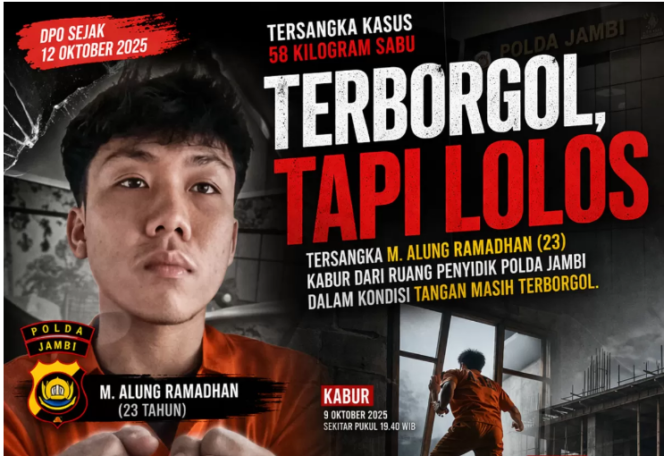 
					Warega masyarakar marah, mahasiswa Jambi demo ke polda Jambi, Alkung tersangka kasus 58 kg sabu berhasil kabur dari ruang pemeriksaan Polda Jambi, 9 April 2026. Foto: kanli.co