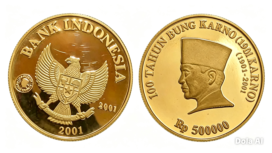 Koin emas senilai pecahan Rp500.000 dijual Rp1.500.000/ keping, bobot 15 gram diluncurkan 2001, dalam memperingati 100 tahun kelahiran Bung Karno. Foto: ist