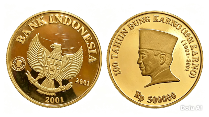 
					Koin emas senilai pecahan Rp500.000 dijual Rp1.500.000/ keping, bobot 15 gram diluncurkan 2001, dalam memperingati 100 tahun kelahiran Bung Karno. Foto: ist