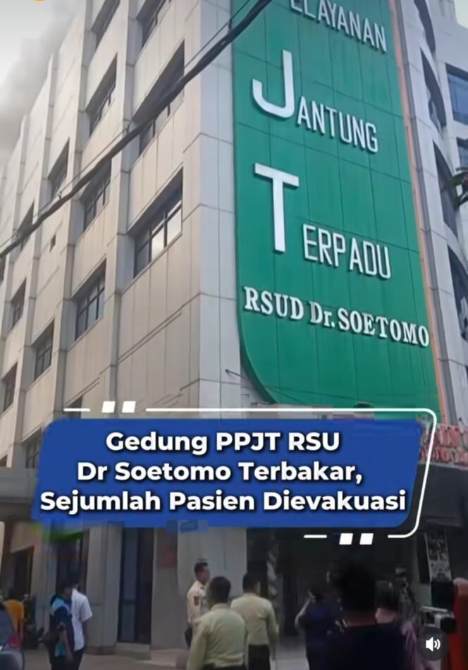 
					Insiden kebakaran terjadi di gedung lantai V, gedung pusat pelayanan jantung terpadu RSUD dr Soetomo, Jumat pagi sekitar 6.30 wib, 15 Mei 2026. Foto: tangkap layar video instagram@detik.jatim