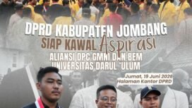 Aliansi Meligat Indobesia, GMNI Jomvabg dan BEM Undar menggelar aksi unjuk rasa di hakaman gedung DPRD Jombang, Jumat, 19 Juni 2026. Fiti: instagram@dord-jombang